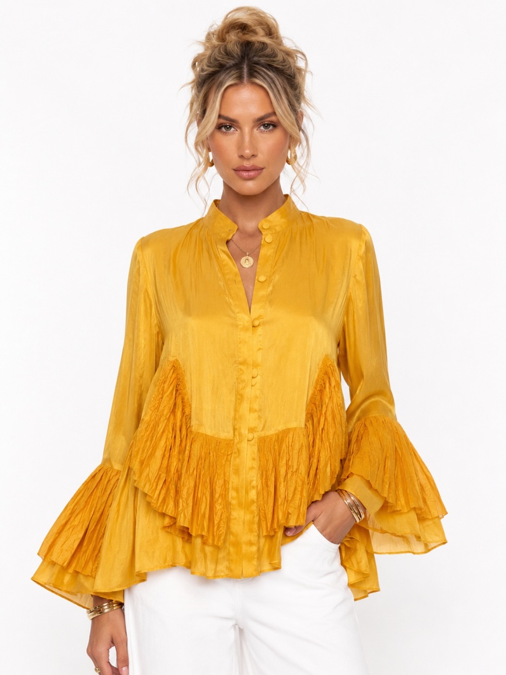 100 % silk designer jacket ruffle bell sleeve goldenrod
